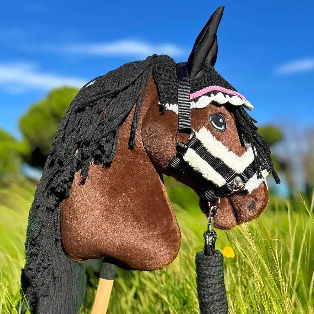 Hobby Horse - Set di accessori per cavezza con cordino e berretto anti-insetti, formato A4 e A3 (nero e rosa)