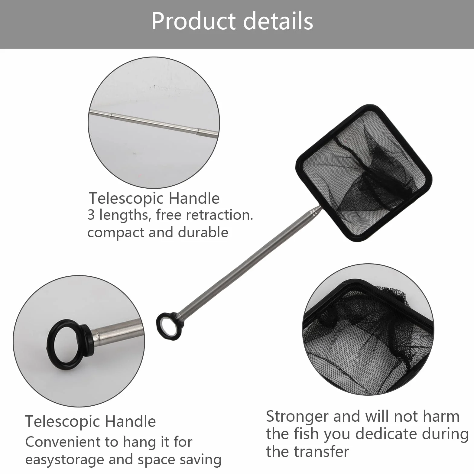 Dokeno Rete da Pesca Telescopica per Acquari e Piscine, Retino Guadino Retrattile, Manico in Acciaio Inox, 7x7cm