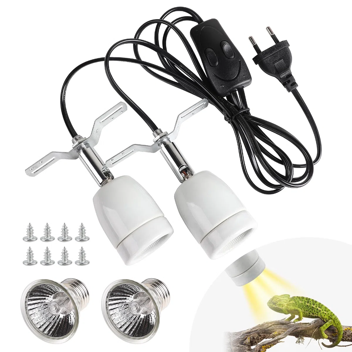 CPROSP Portalampada E27 Rettile Doppia Testa, con 2 * 25W Lampada, Lampada Riscaldante Presa con Doppio Interruttore, 1,8M Cavo e Spina, Lucertola Tartaruga UV, Presa in Porcellana Ruotabile a 360°