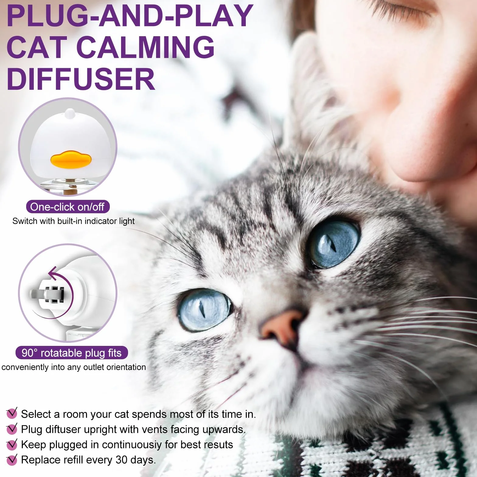 SLE Diffusore Feromoni per Gatti Calmante per Antistress Ridurre l'Ansia e Lo Stress, Feromoni Felini Tranquillanti per Gatti Irrequieti e Stressati (1 Diffuser+3 Refills)