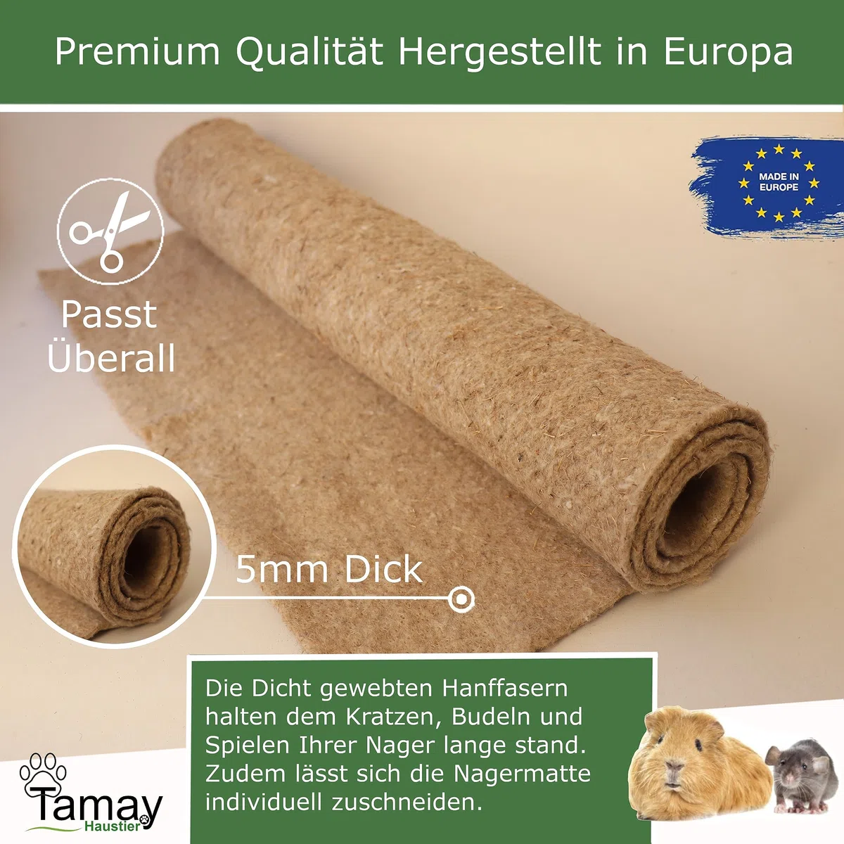 Tamay, tappetini per roditori in 100% canapa, 100 x 50 cm, tappeto premium per roditori come gabbia senza polvere, per conigli, porcellini d'india, piccoli animali – Tappetino di canapa naturale per