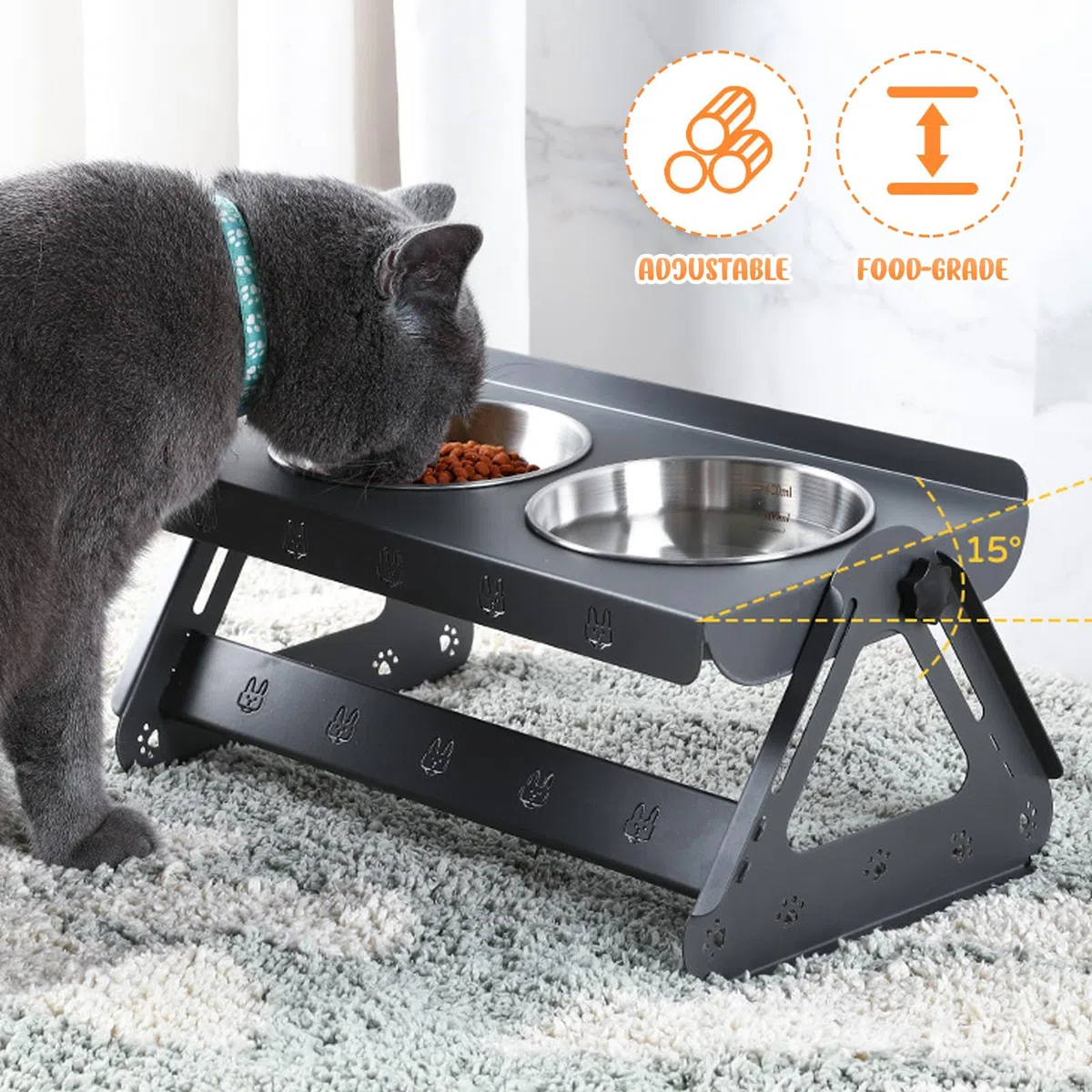 Ciotola rialzata in acciaio inox, mangiatoia per gatti con 2 ciotole in acciaio inox, design durevole per gatti e cani di piccola taglia