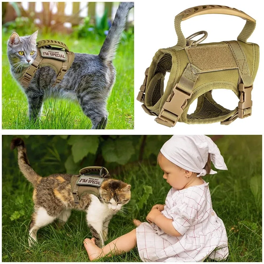 DONGKER Pettorina per Gatti Tattica,Imbracatura per Gatto Regolabili con Fibbia ad Anello a D Kit Pettorine Impermeabile per Animali Allenamento Sportivo All'aria Aperta