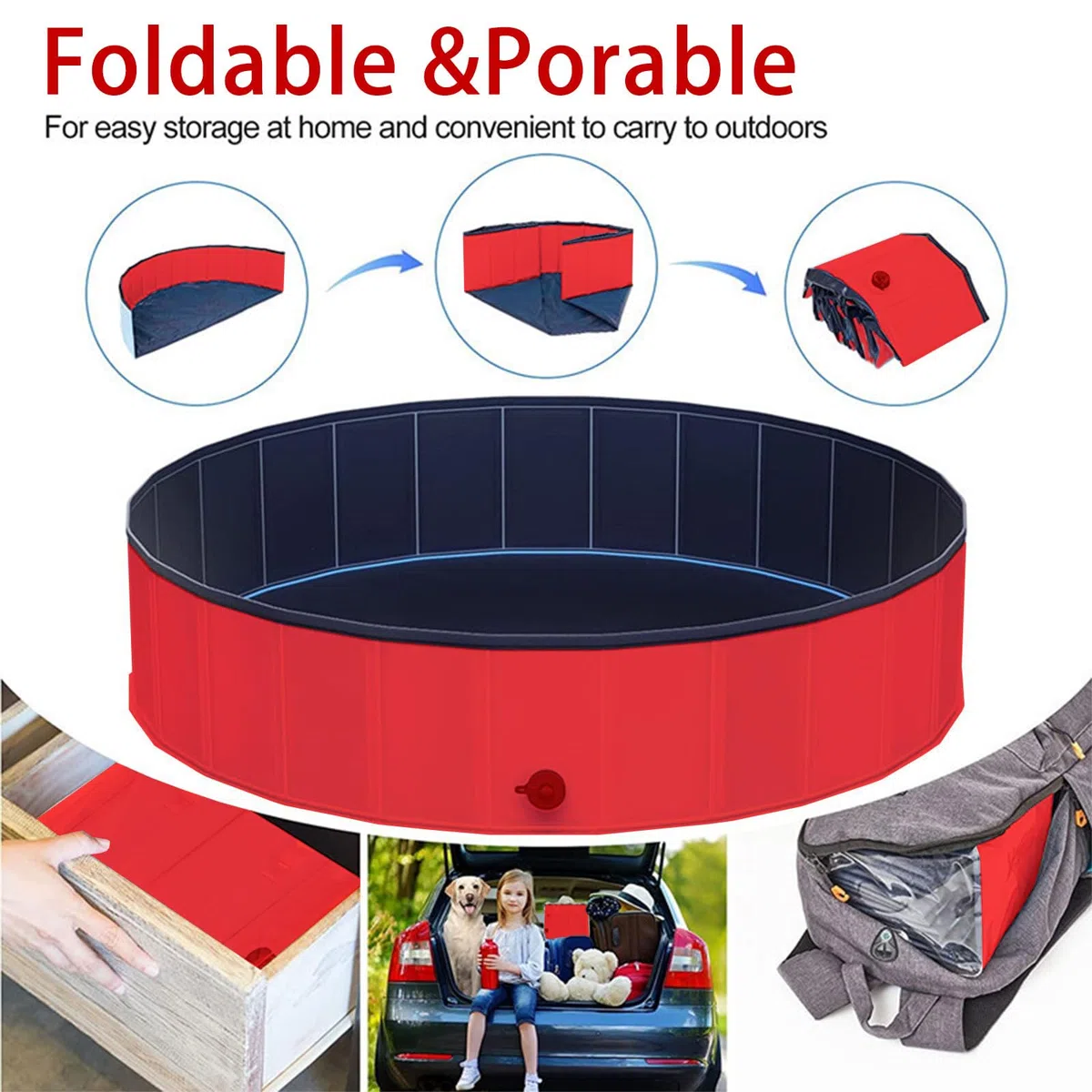 Piscina pieghevole per cani, 60 x 20 cm, piscina per animali domestici, antiscivolo, portatile, in PVC, rosso