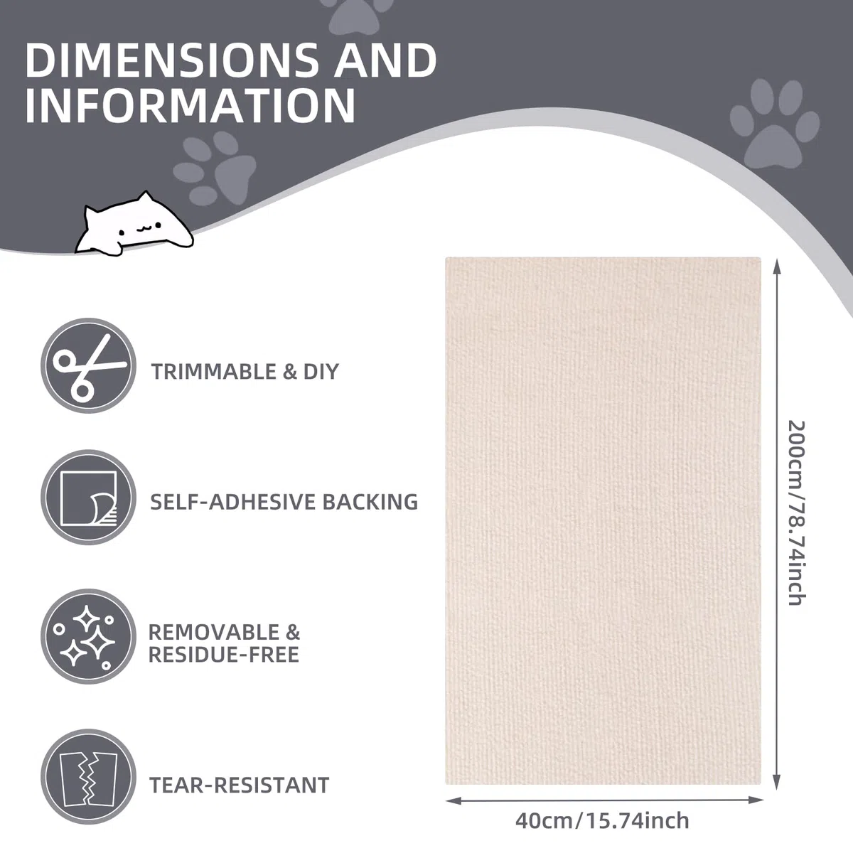 Protezione Divano Graffi Gatto: DIY Tiragraffi per Divano Tappeto Tiragraffi per Gatti Autoadesivo 200x40cm - Ideale per Divani, Mobili e Pareti, Sisal e Moquette (Beige, 40×200cm)