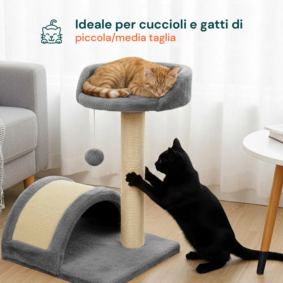 Avilia Tiragraffi per Gatti 50 cm – Albero Tiragraffi con Piattaforma Imbottita, Pallina Pendente e Sisal Naturale, Trespolo per Gatti Compatto Salvaspazio, Giochi Gatto 3 in 1, Protezione Divano