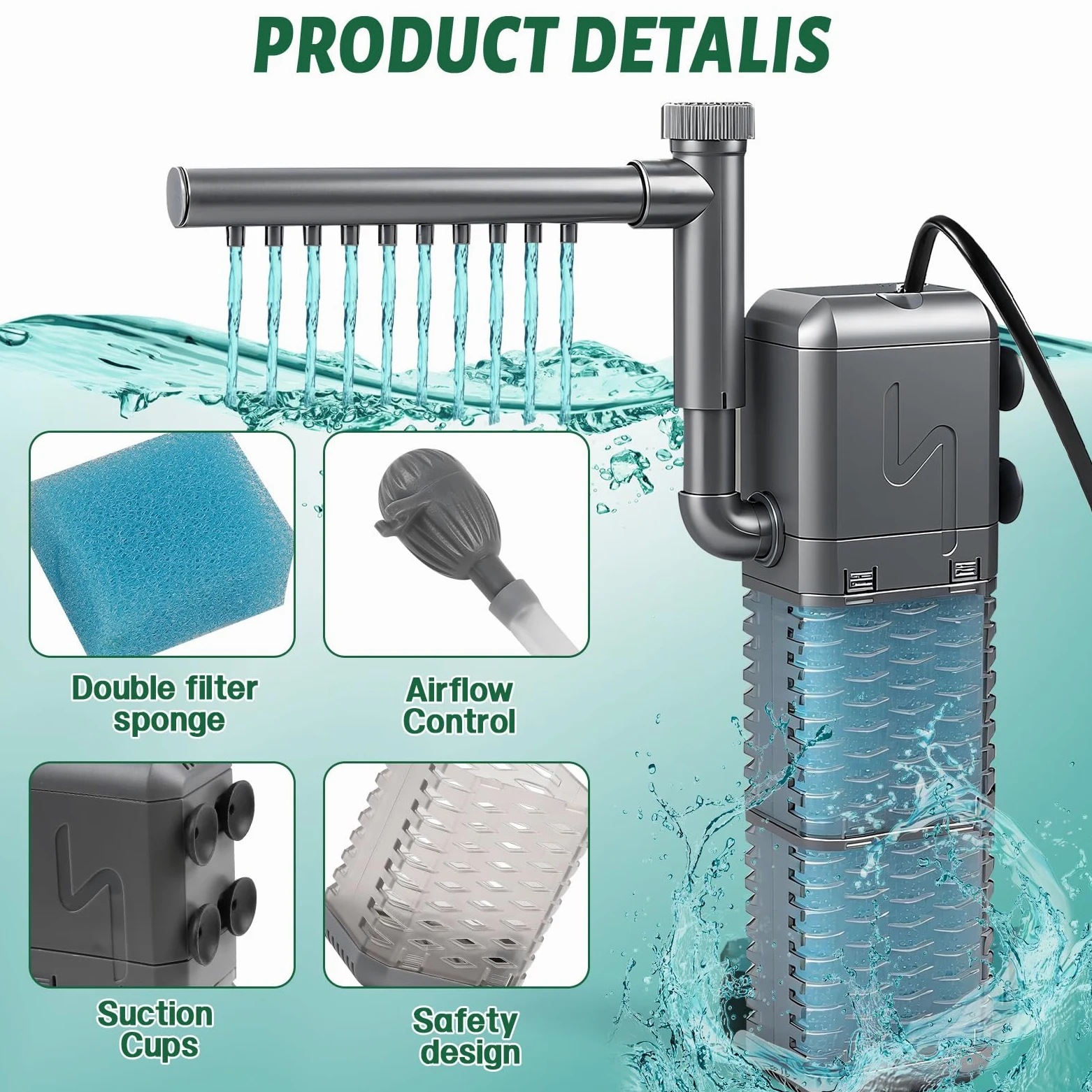 EXLECO Filtro Interno Acquario 9W, Pompa Filtri Interno per Acquari Regolabile 800L/H 1.1M con 2 Spugna Filtrante, Filtro Tartarughe d'Acqua Silenzioso con Spray Bar per 20-50L Piccoli Pesci Vasca