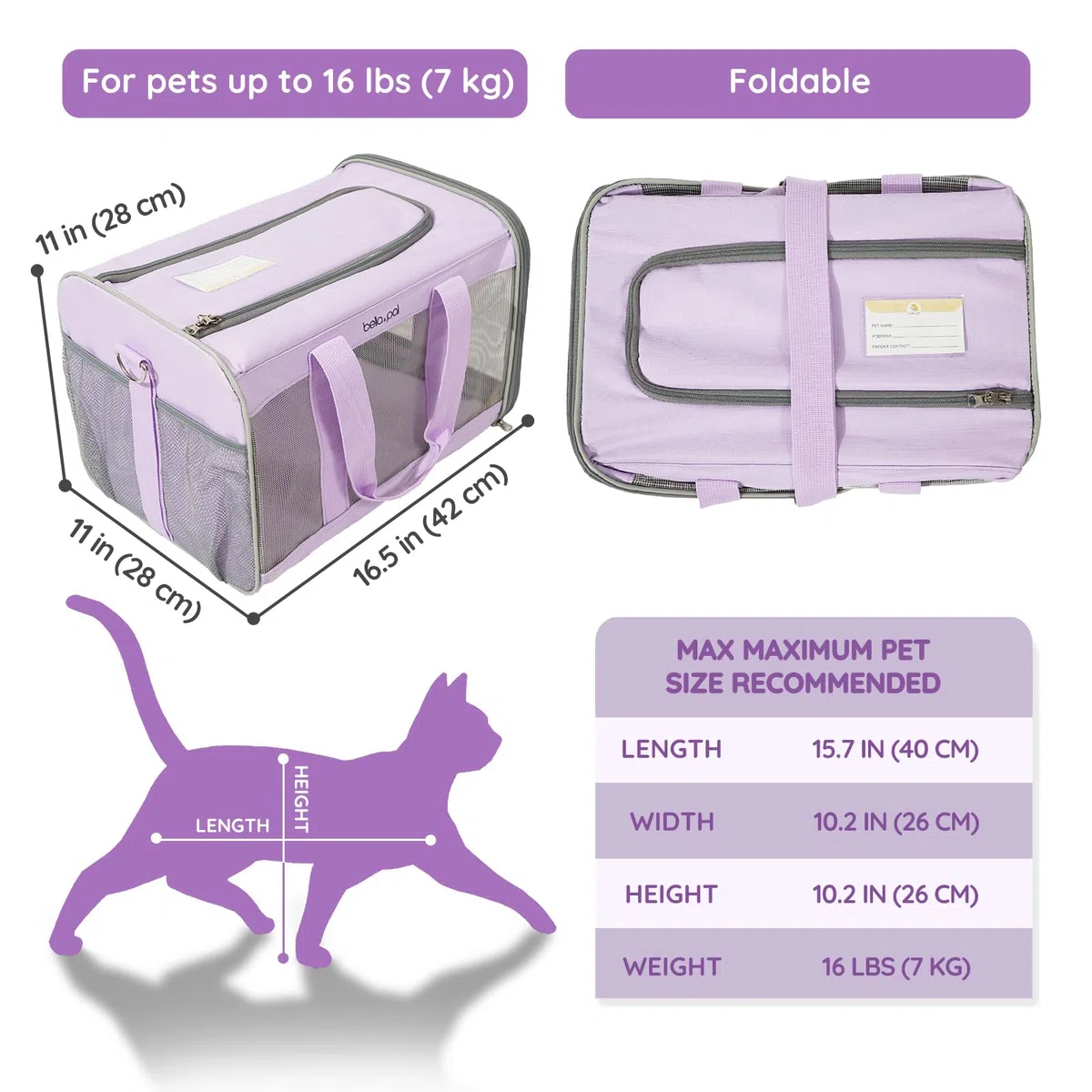 BELLA & PAL Trasportino Portatile per Gatti/Cuccioli, Borsa da Viaggio per Animali Domestici, Borsa per Gatti Ripiegabile con Tessuto Antigraffio, Cerniera Antifuga, Adatto per Viaggio sull’Aereo, M