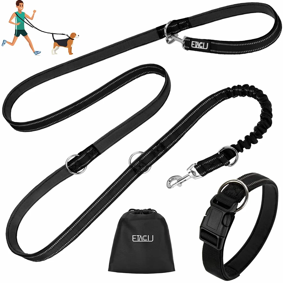 ETACCU Doppio guinzaglio a mano libera con guinzaglio 3 m, per cani di medie dimensioni fino a 50 kg, robusto manico antiscivolo, senza grovigli, riflettente (nero)