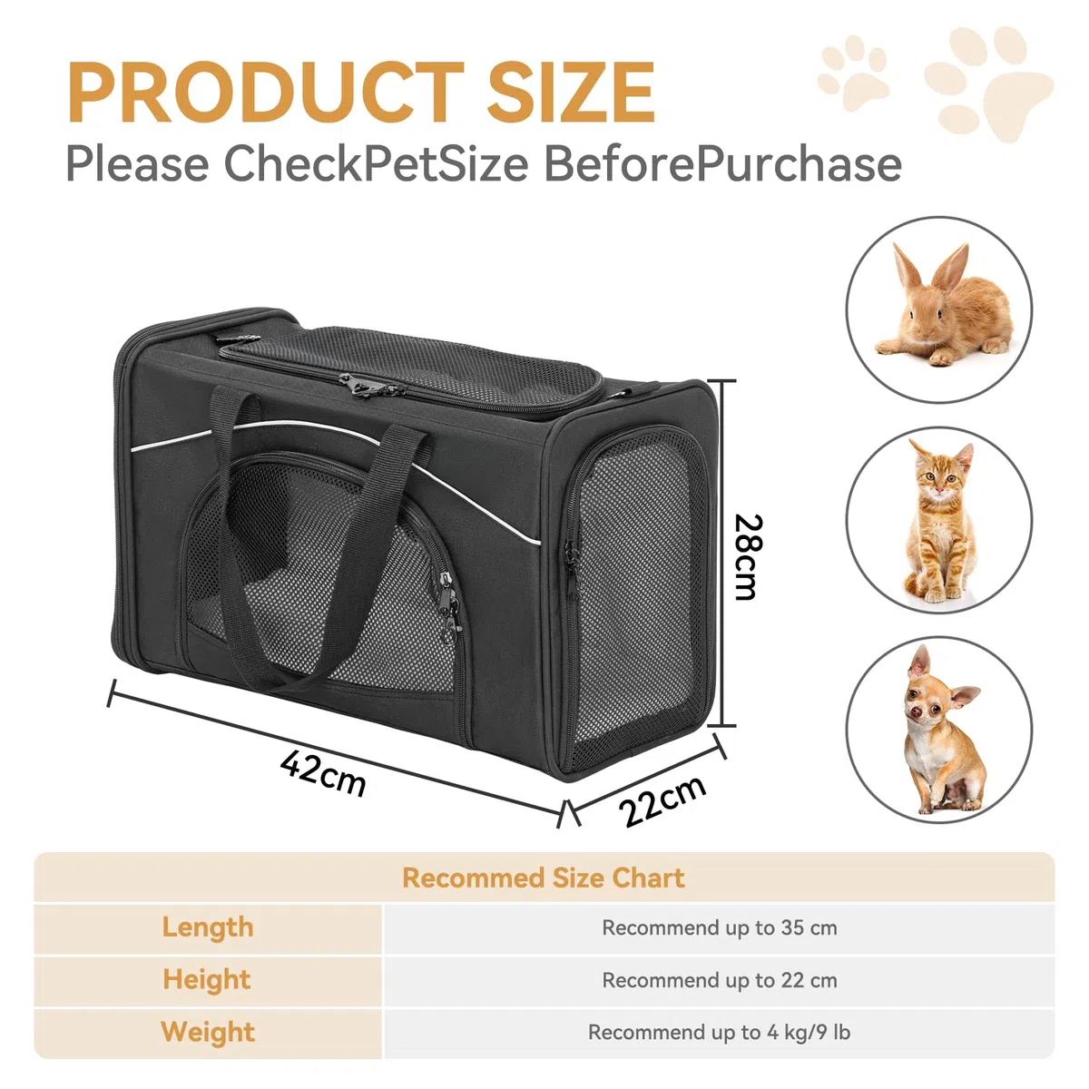Petsfit Trasportino per Cani Lavabile, Trasportino Gatto Grande da Viaggio in auto/treno/aereo, S/Nero