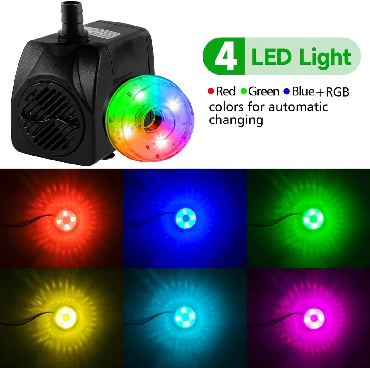 NATPOW Pompa Acquario Sommergibile con RGB LEDs, 800L/H 180-240V 15W Pompa Laghetto Ultra Silenzioso, Laghetto Pompa Acqua con 3 Ugelli per Giardino, Laghetto, Cascata