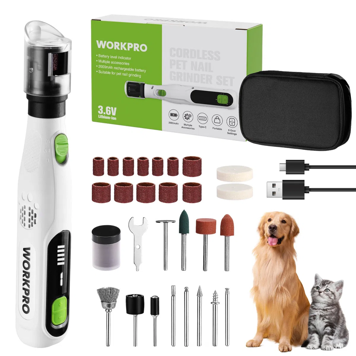 WORKPRO Tagliaunghie Cani Elettrico Ricaricabile Senza Fili, Lima per Unghie con 3 Opzioni di Slot, Design 2-in-1 Smerigliatrice Elettrica Portatile, Ideale per Le Unghie di Cani e Gatti