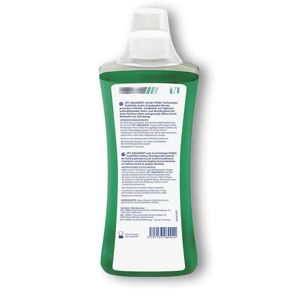 Vet aquadent FR3SH, cura dentale per cani e gatti (rimozione del tartaro sano, soluzione rinfrescante e gustosa anti-placca, cura ideale per l'igiene orale quotidiana, 500 ml)