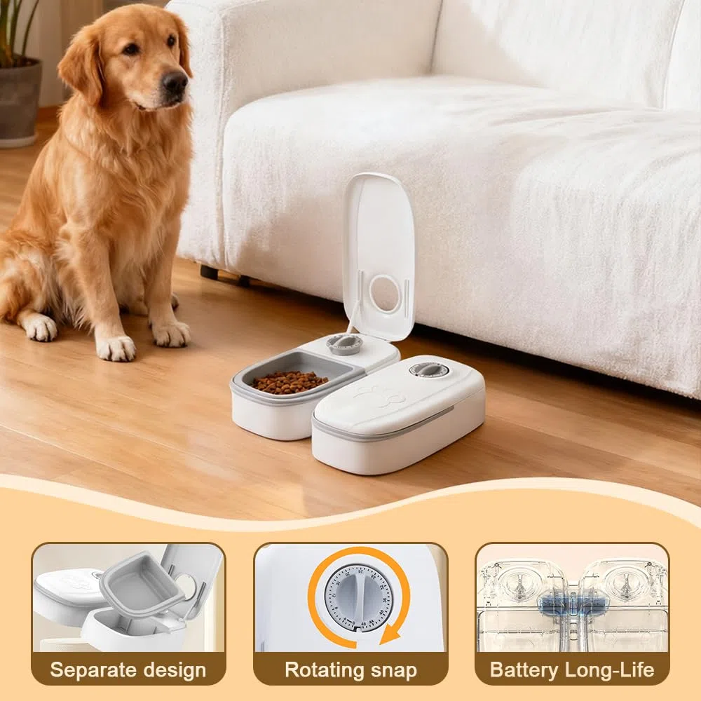 Mangiatoia Automatica, 700 ML 2 Pasti Distributore Automatico Cibo Gatti Cane con timer, Lavabile Dispenser Crocchette Gatto Cane, Grigio Distributore Cibo Gatticane per Dry or Wet Food