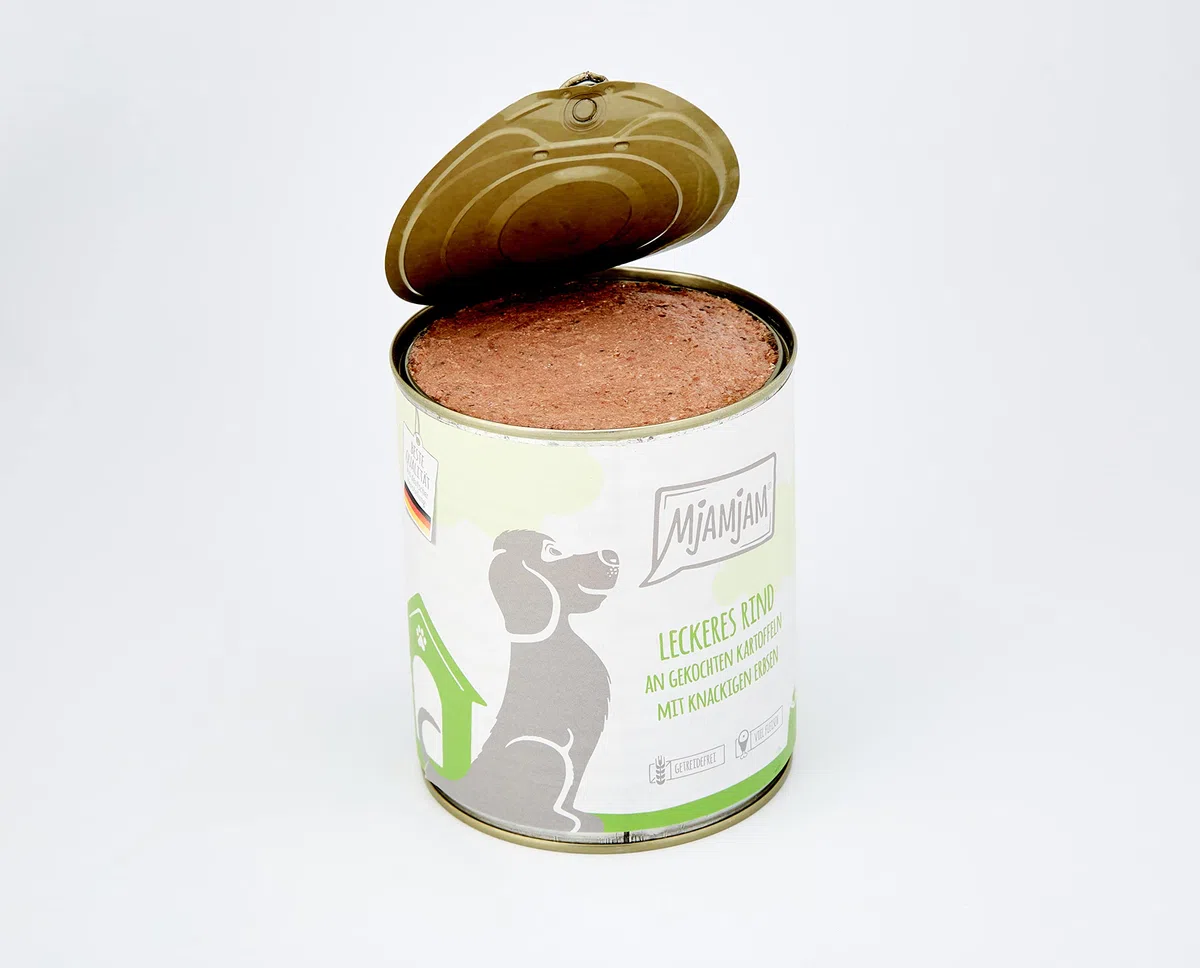 MjAMjAM - cibo umido premium per cani - delizioso manzo su patate bollite con piselli croccanti, confezione da 6 (6 x 800 g), naturale con carne extra