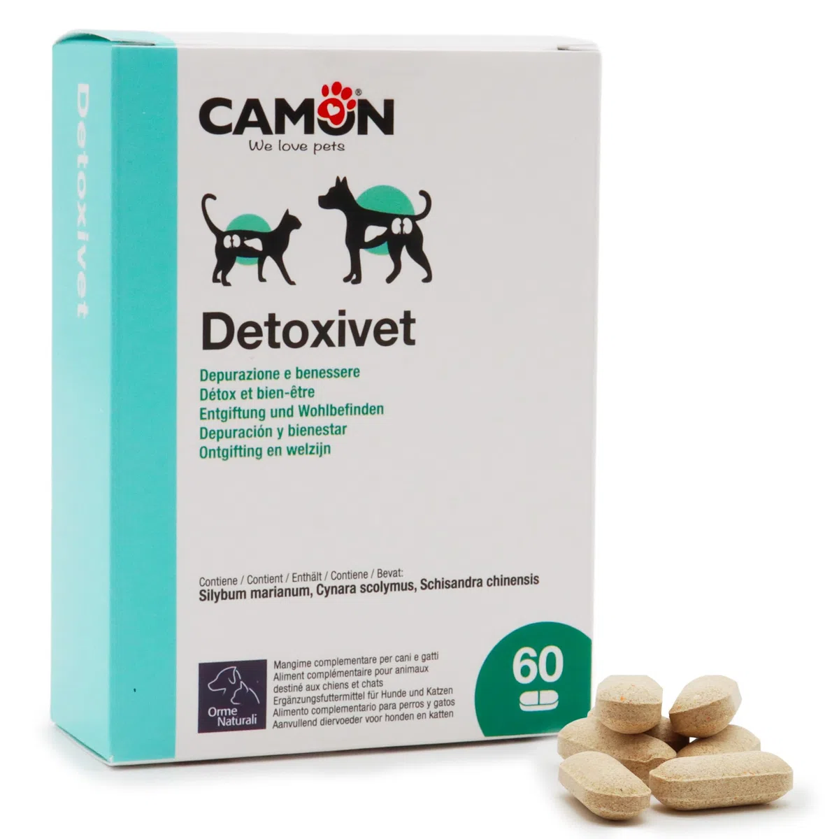 CAMON | Detoxivet Mangime Complementare per Cani e Gatti, Azione Depurativa e Disintossicante, Regola la Funzionalità Intestinale e Renale, 60 Compresse da 1g