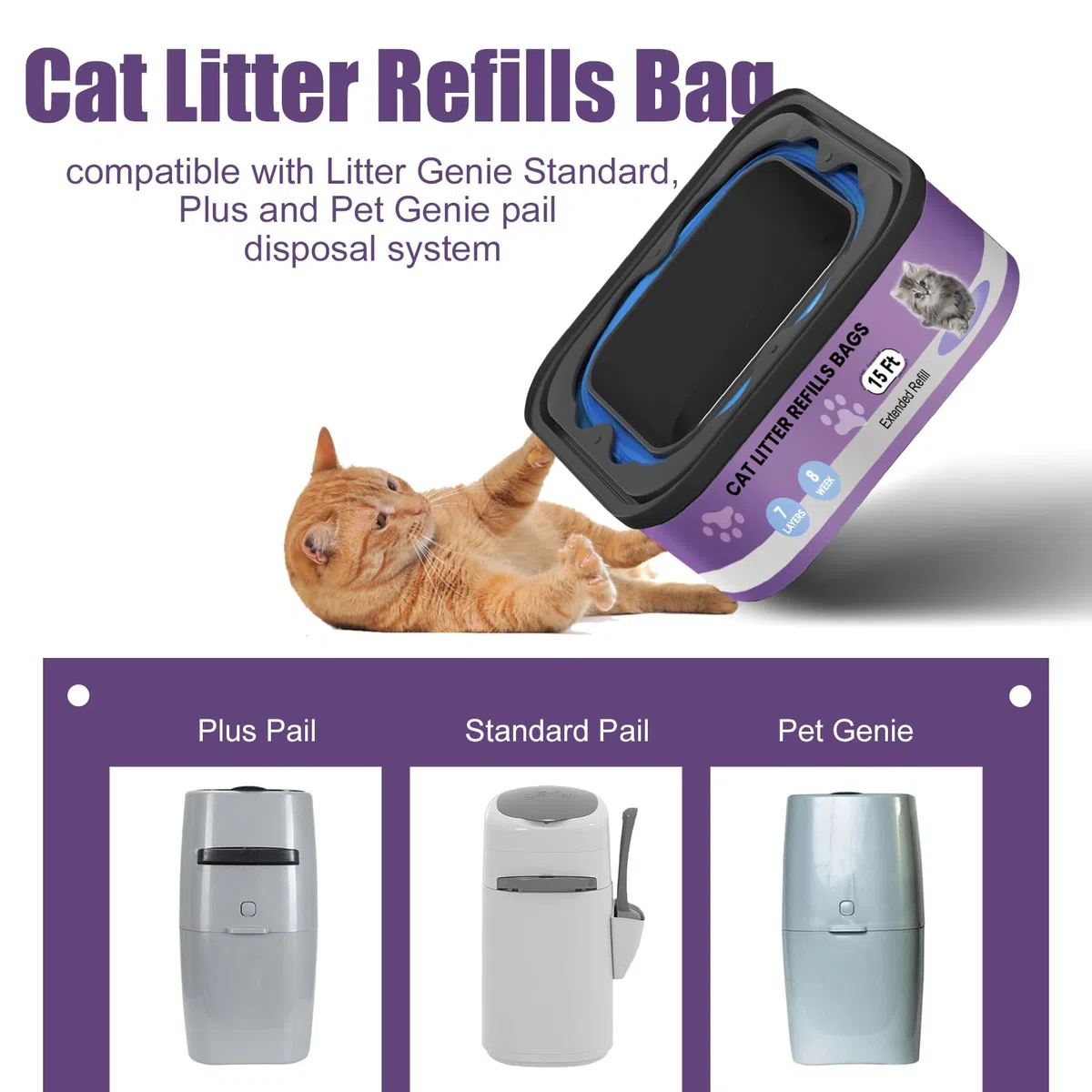 compatibili con i modelli Litter Genie Standard,Plus,XL e Style Box Refills,Controllo dell'odore super potente，Ricarica per Gatti，4,5 m per confezione, 4 ricariche