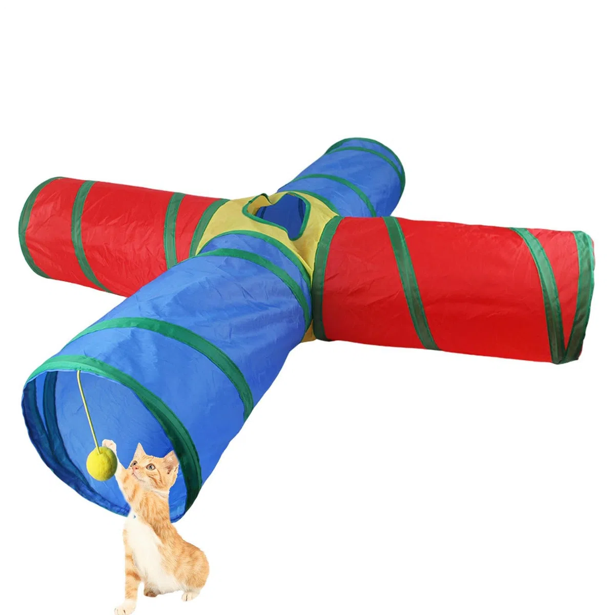Tunnel per gatti interni, giocattolo tunnel di gatto - Tunnel gatti pieghevoli a 4 vie del gattino arcobaleno,Forniture per animali interattivi giocattolo per animali domestici con palla da gioco per