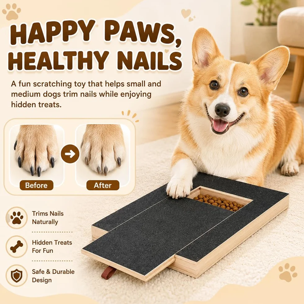 Tiragraffi per Cani con Scatola per Snack, 35x25x3 cm Tappetino AntiGraffio per Cani, Scratchboard per Unghies, Tavoletta Unghie Legno per Cani, Alternativa a Tagliaunghie e Smerigliatrici