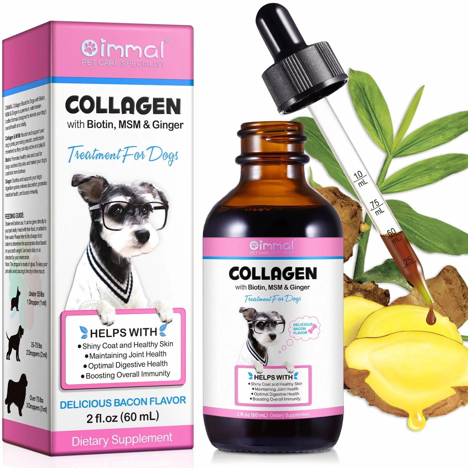 Collagene per Cani, Gocce di Collagene per Cani 60 Ml, Potenziamento del Collagene, Ricco di Biotina, Aiuta La Salute della Pelle, delle Articolazioni E Dell'Apparato Digerente (1pcs, Bacon)