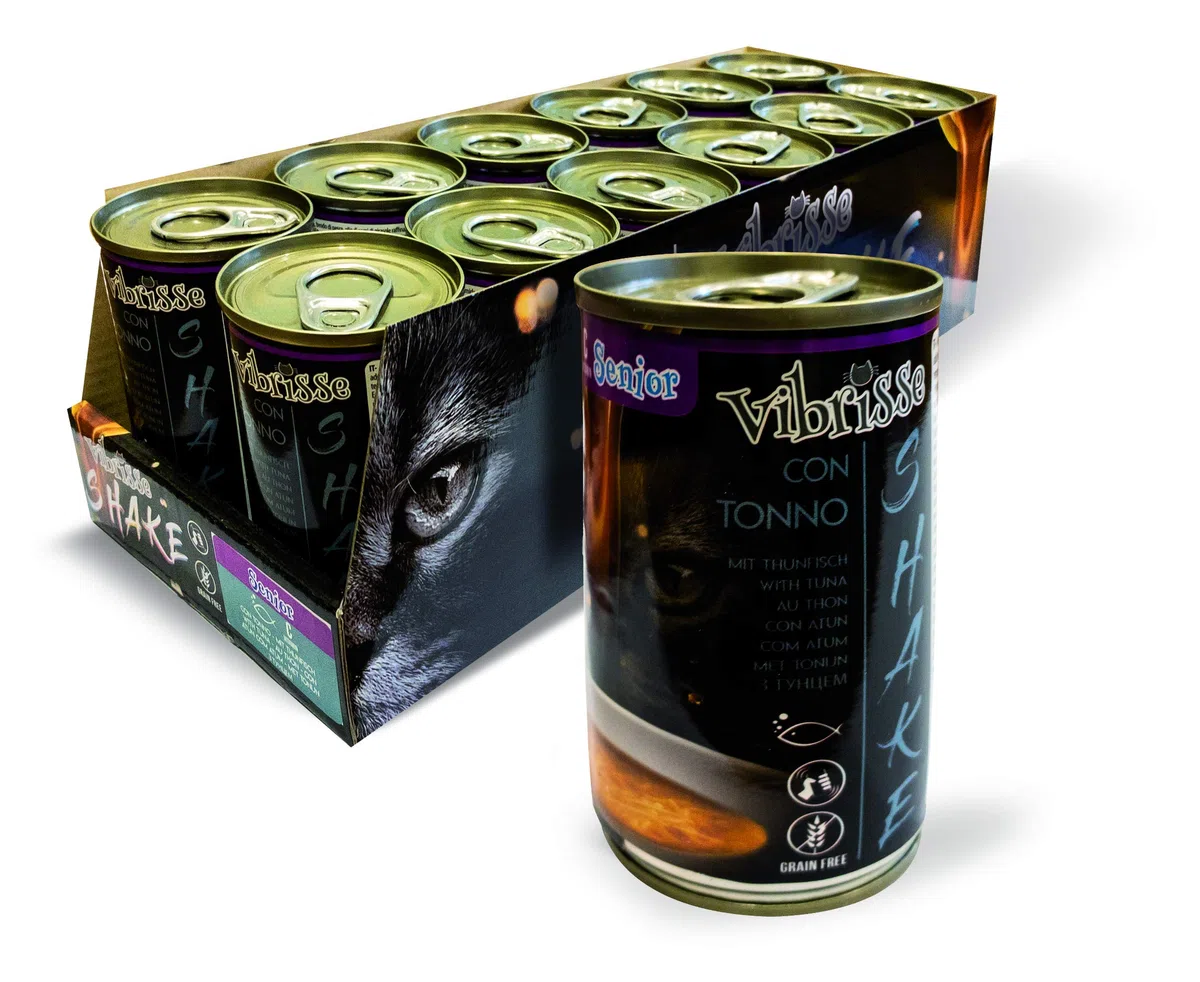 Croci Vibrisse Shake Senior - Cibo umido per gatti anziani con tonno, Cibo complementare idratante per gatti, 12 lattine x 135gr, 1620 ml