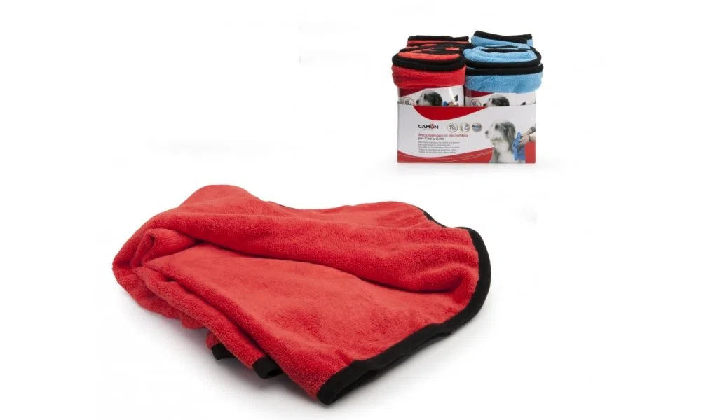 Camon S.p.A. Asciugamano in Microfibra per Cani e Gatti 120x60 cm - Rosso e Azzurro