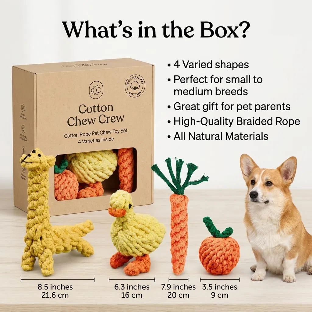 NEXUS - Set da 4 giocattoli per cani in corda di cotone, design carino, giocattolo da masticare resistente per cani piccoli e medi, gioco interattivo N16TOYPROJECT04