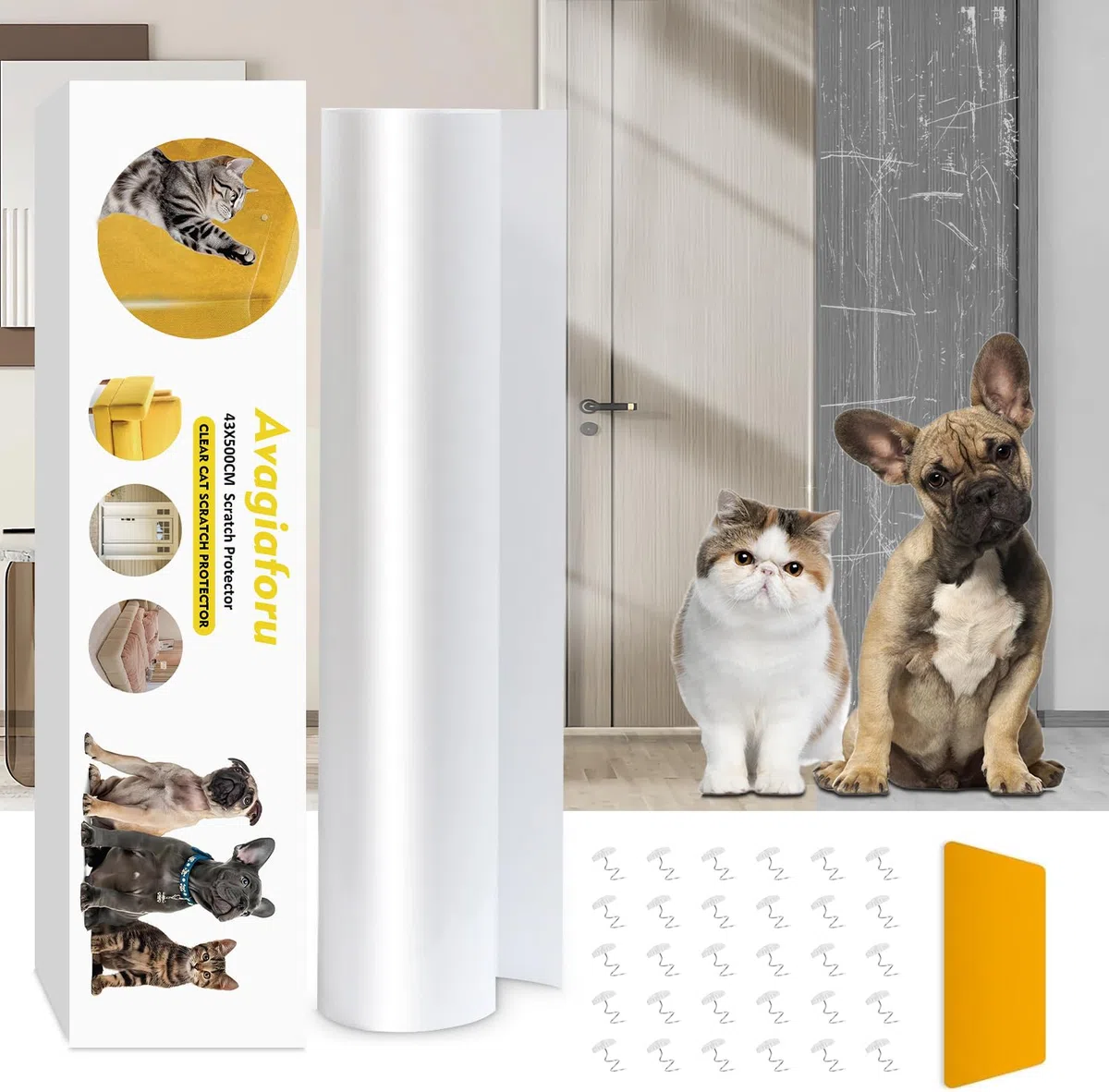 Protezione Divano Antigraffio per Gatti e Cani, 43X500cm, PVC Adesivo da Esterno per Porta e Divano