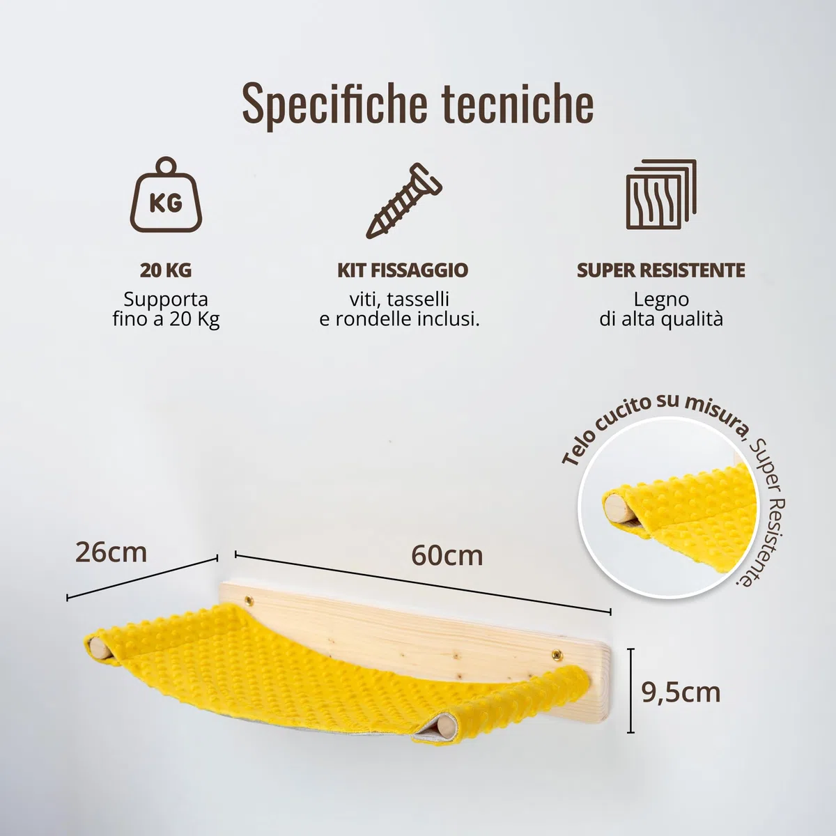 Amaca per Gatti in Legno d'Abete PEFC fatta a mano, Amaca Gatto con Telo Giallo Lavabile, Robusta e Confortevole per Rilassarsi, Dormire e Giocare, Supporta fino a 20 KG - Percorsipergatti
