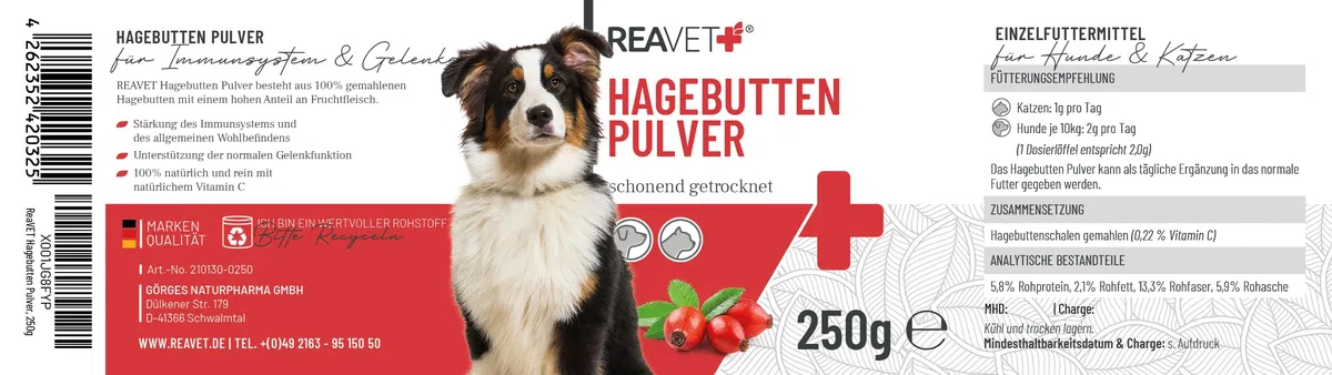 ReaVET Polvere di rosa canina per cani 250 g – Puro naturale di qualità premium, rafforza il sistema immunitario + funzione articolare, ricca di vitamina C I rosa canina polvere per cani e gatti,