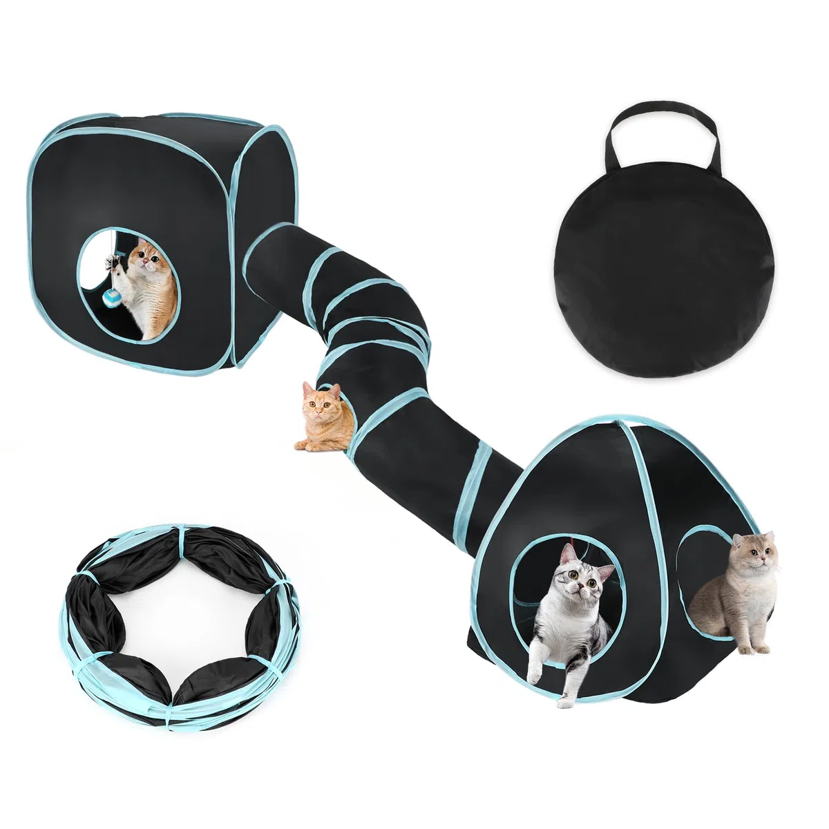 Tunnel per Gatti Casetta Portatile 3 in 1 Gioco Gatto,Tubo Interattivo Pieghevole per Gatti e Cubi per Divertimento,Esercizio e Gioco(Blu Nero)