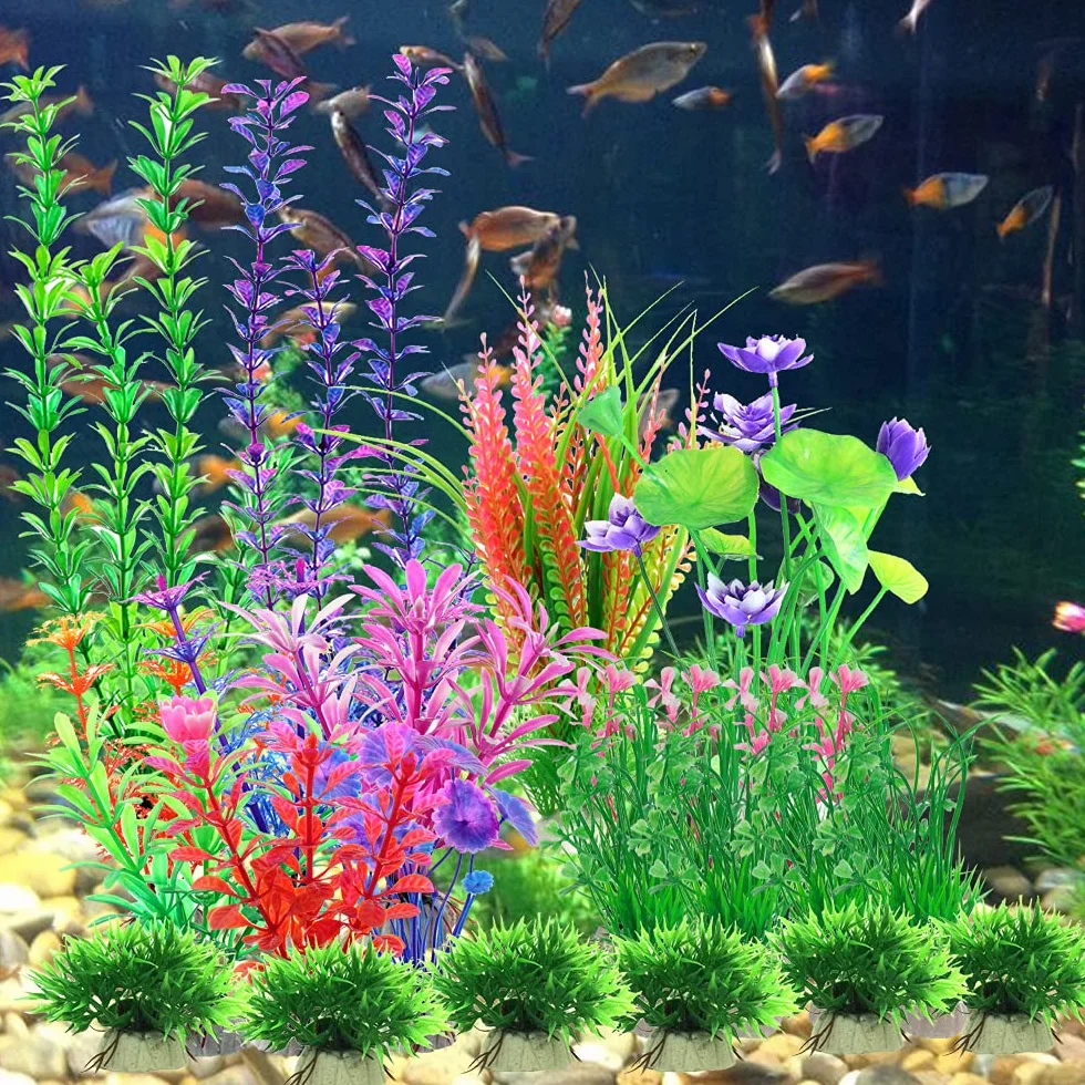 30 Pezzi Piante per acquario, plastica piante acquatiche, piante d'acquario artificiale, decorazione acquario piante di plastica, realistico, sicuro per i pesci