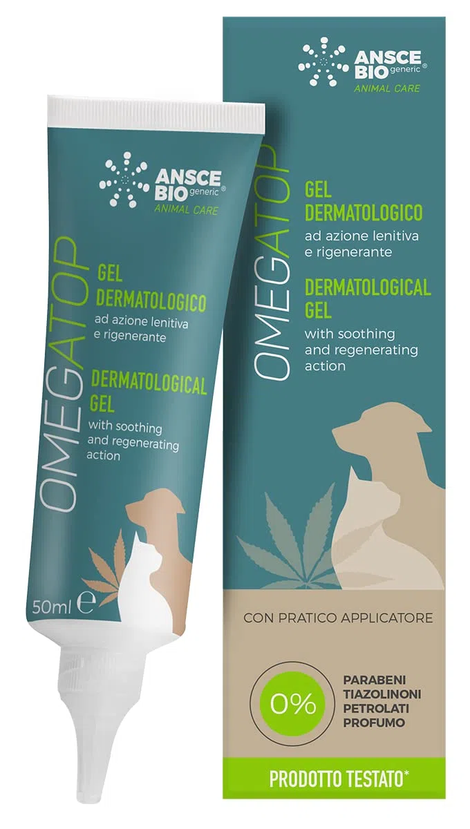 OMEGATOP Gel Dermatite Cane per Prurito, Rossore e Secchezza | 50ml | Lenitivo ed idratante anche per gatti, con acido ialuronico e ceramidi per la pelle. Formula ad applicazione facile e rapida