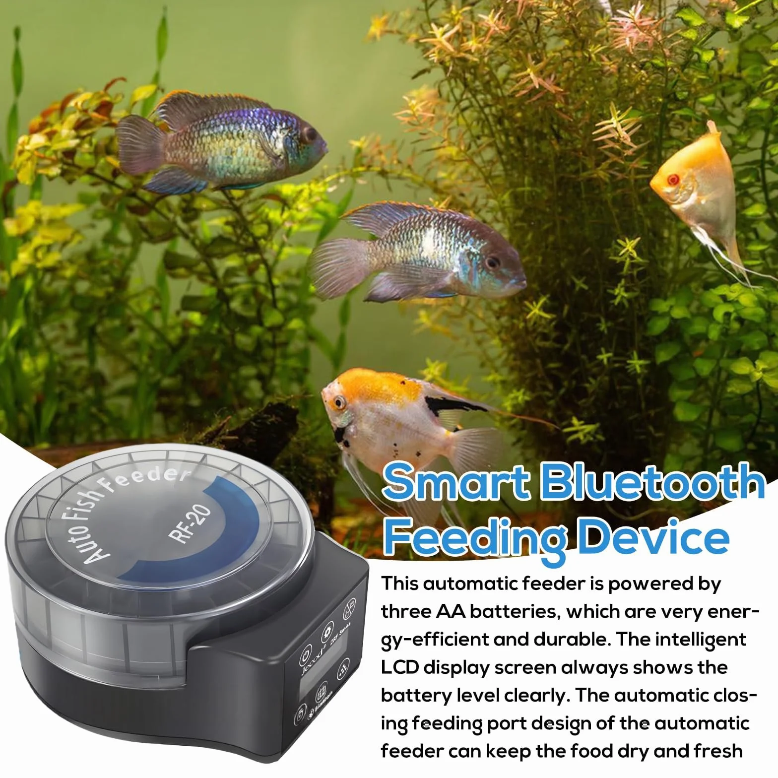 GOMETY Mangiatoia automatica per pesci acquari, alimentatrice automatica per acquario, alimentata a batteria, con timer, display LCD, mangiatoia per pesce, per pellet, polvere granulata