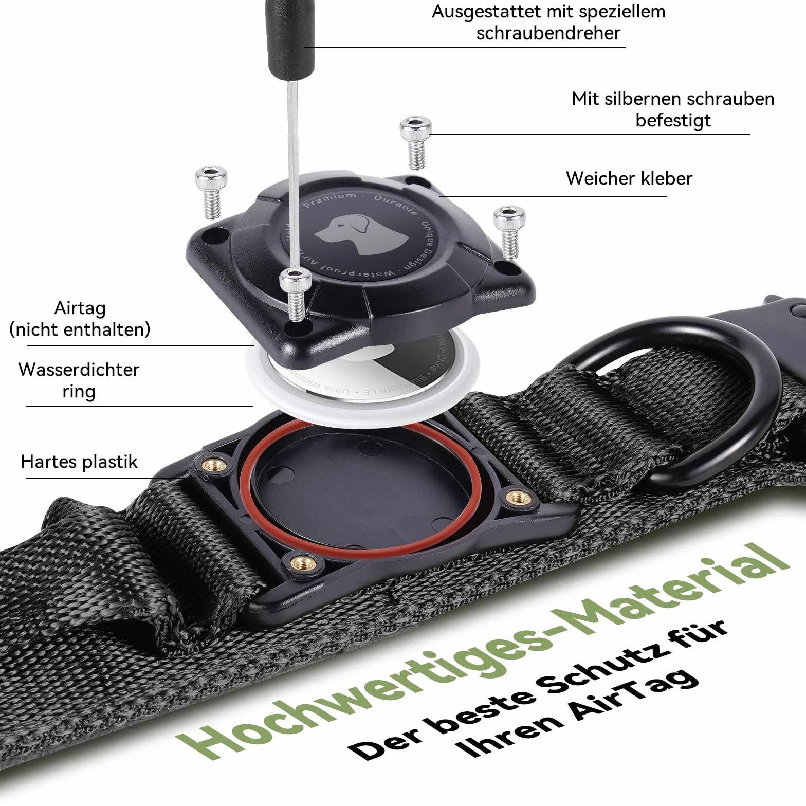 Collare Tattico per Cani con Maniglia, Collare Airtag Cane, Regolabile Cani con Imbottitura e Fibbia in Metallo per cani di Taglia Media e Grande (Nero, XL(24"-28"))