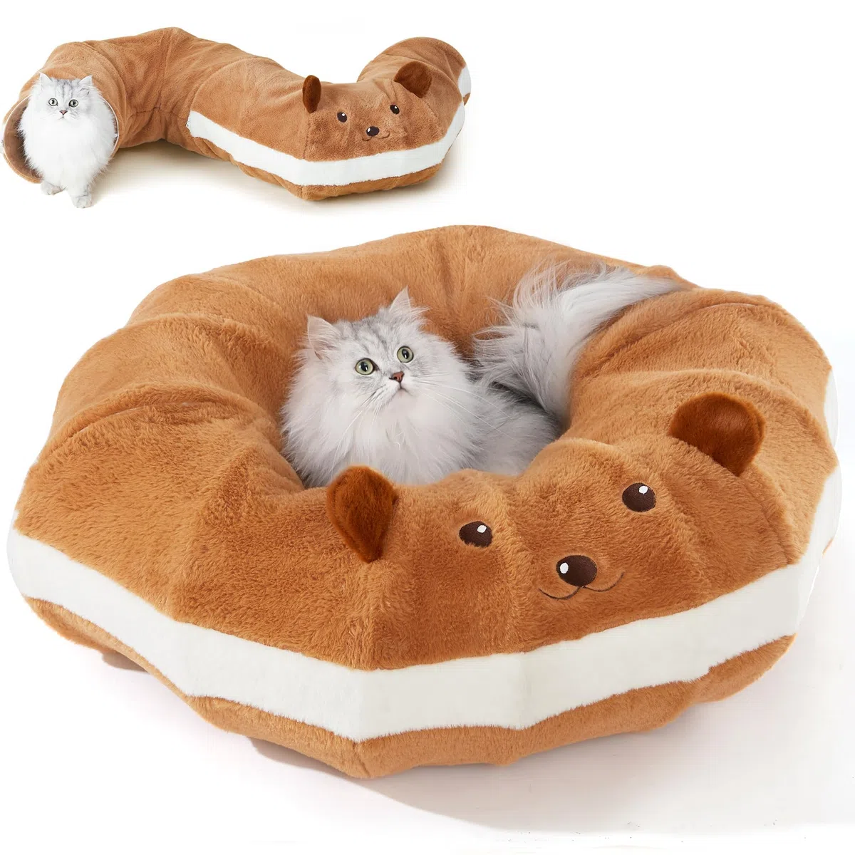 FUKUMARU Tunnel per Gatti,Cuccia Pieghevole XL Con Orecchie di Carta Increspata,Cuscino Lavabile,Tunnel Rotondo a Forma di Ciambelle per Animali Domestici,Giocattolo per Gattini e Conigli,