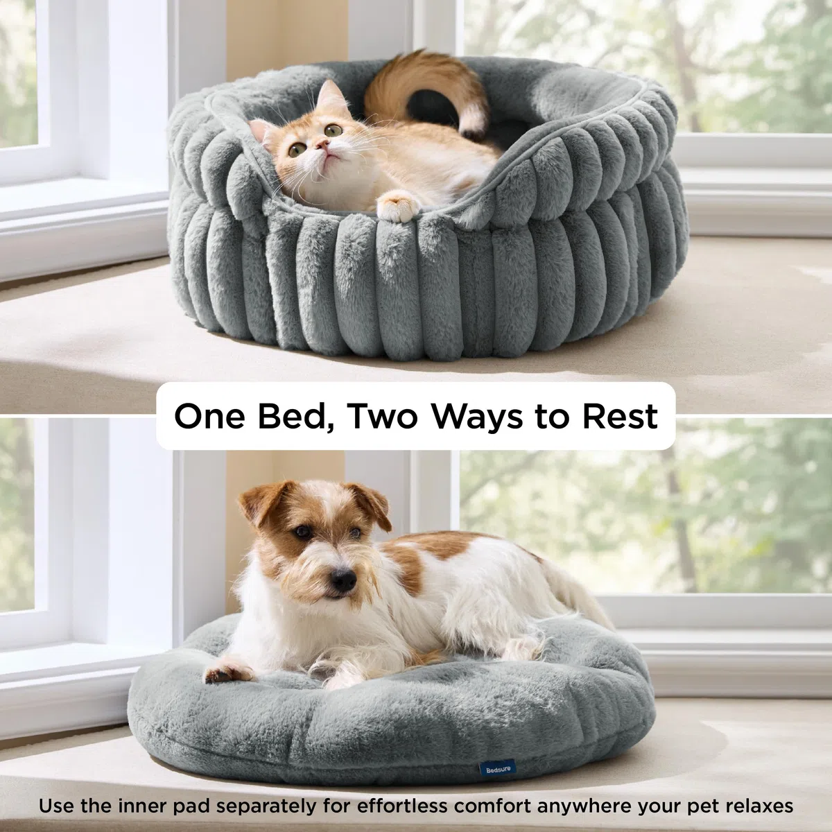Bedsure Cuccia lavabile per gatti - 51x51 cm, piccola cuccia rotonda per gatti da interno, cestino per cuccioli con fondo antiscivolo e cuscino rimovibile reversibile, grigio