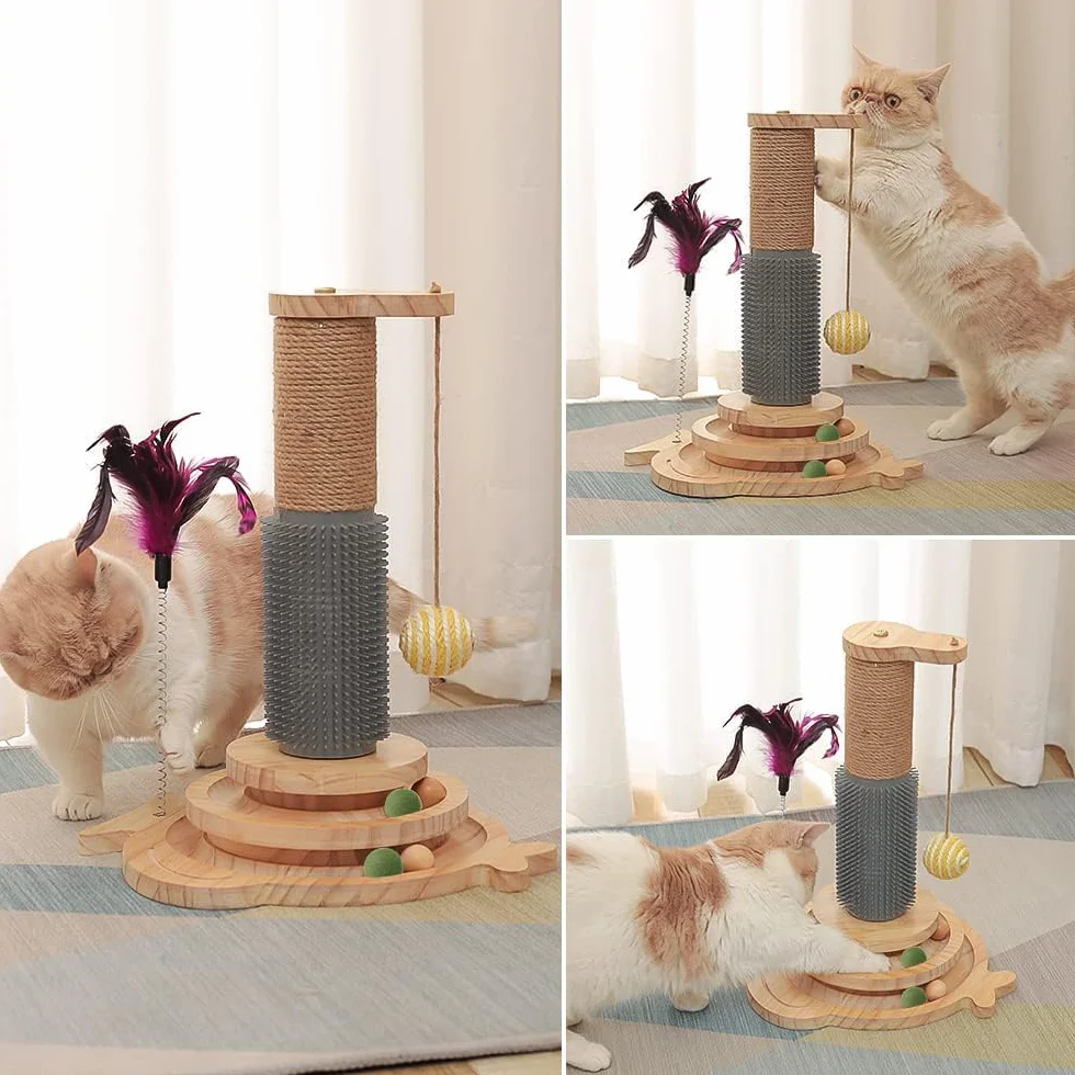 Marchul 5 in 1 Giocattolo per Gatti: Tiragraffi per Gatti in Sisal con Pettine in Silicone, Torre Giocattolo con Palla Appesa e Palla Interattiva con Piuma Elastica per Giocare al Chiuso