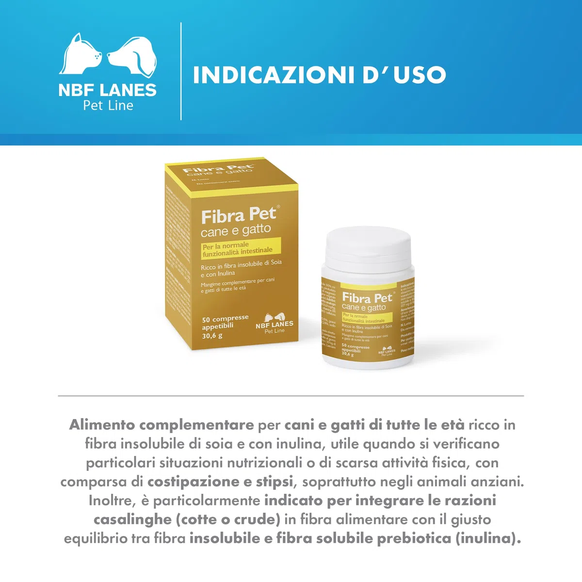 NBF Lanes | Fibra Pet Cane e Gatto, 50 Compresse Appetibili, per la Normale Funzionalità Intestinale