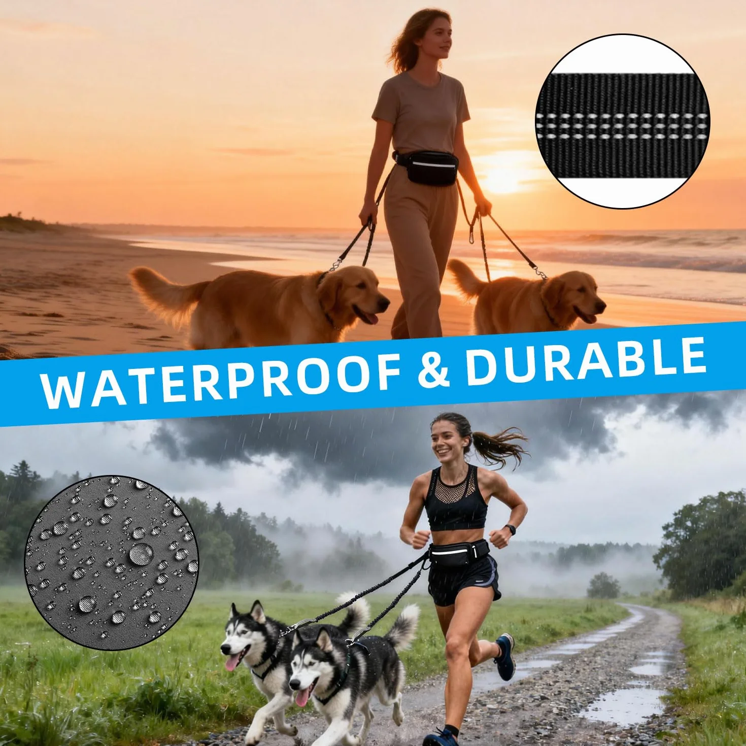Guinzaglio per Cani, Guinzaglio Cane,Guinzaglio Doppio per Cani, Cintura in Vita Regolabile, Riflettente, Guinzaglio Mani Libere per Cani, per Corsa,Jogging，Camminata,Allenamento, Escursionismo(Nero)