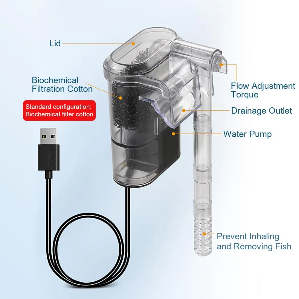 DONGKER Filtro Acquario,250 l/h 2,5 W USB Filtri Acquari Sottile da Appendere Retro con Flusso Regolabile Ultra Silenzioso per Acquario da 2-8 Galloni