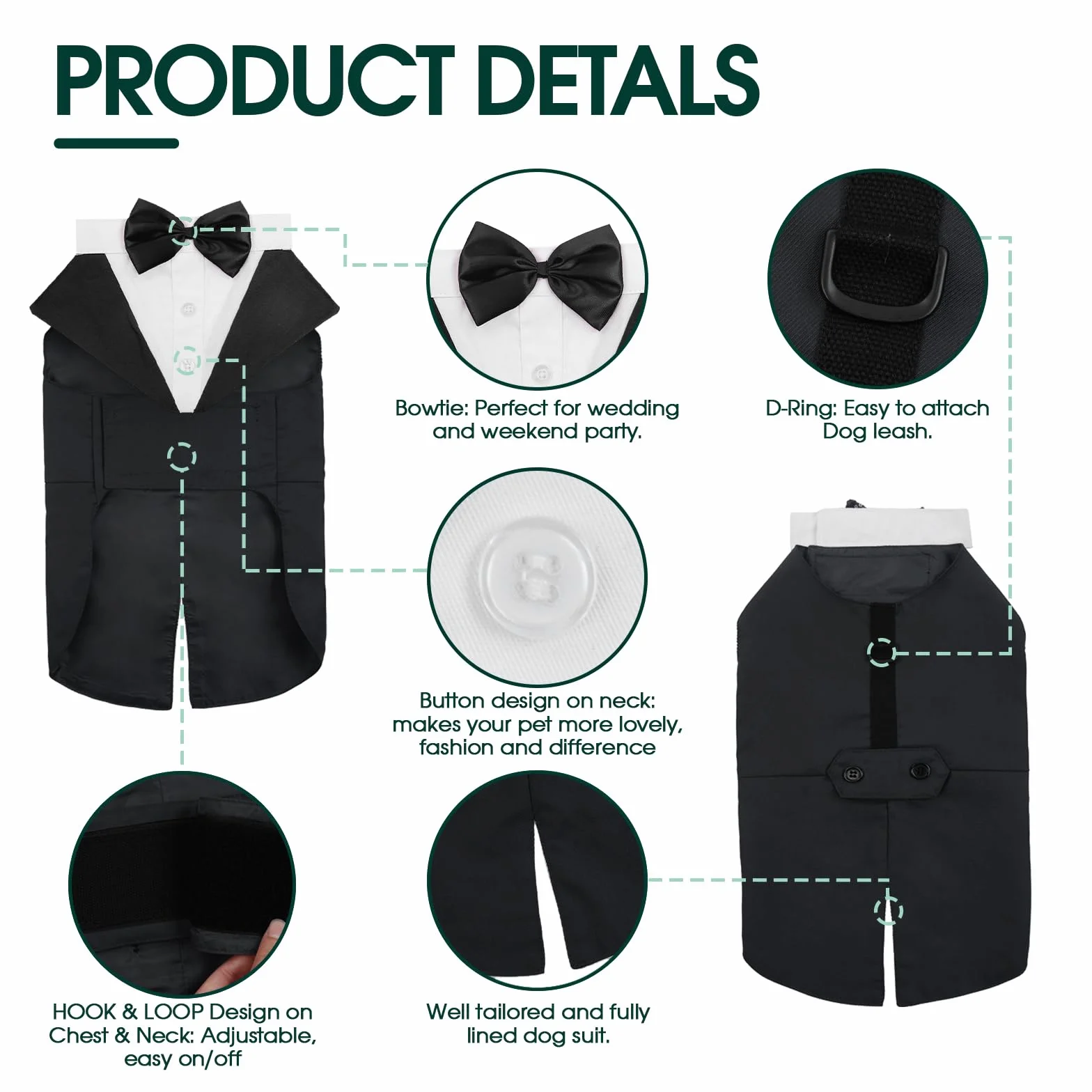 Kuoser Abito Smoking per Cani, Set Vestito Bandana Collare Cani per Matrimoni Cani Smoking Elegante con Papillon, Formale Vestito Cani Partito, Rimovibile Cravatta Cane e Vestito