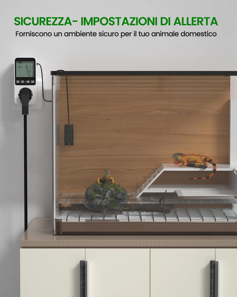 Regolatore di Umidità/Temperatura, Presa con Misuratore di Umidità 230V 16A con Sensore Termoregolatore Digitale con Allarme LCD Display per Rettili,Serra, Acquario, Fungo Riscaldante