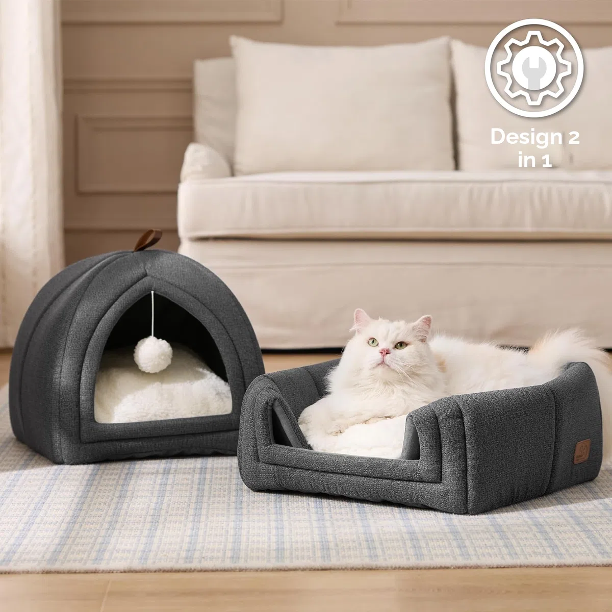 Bedsure Cuccia Gatti Tana Gatti - 40 x 40 x 40 cm Casa per Gatti da Interno con Cuscino Sherpa Rimovibile e Giocattolo Appeso, Cuccia Lavabile, Grigio Scuro