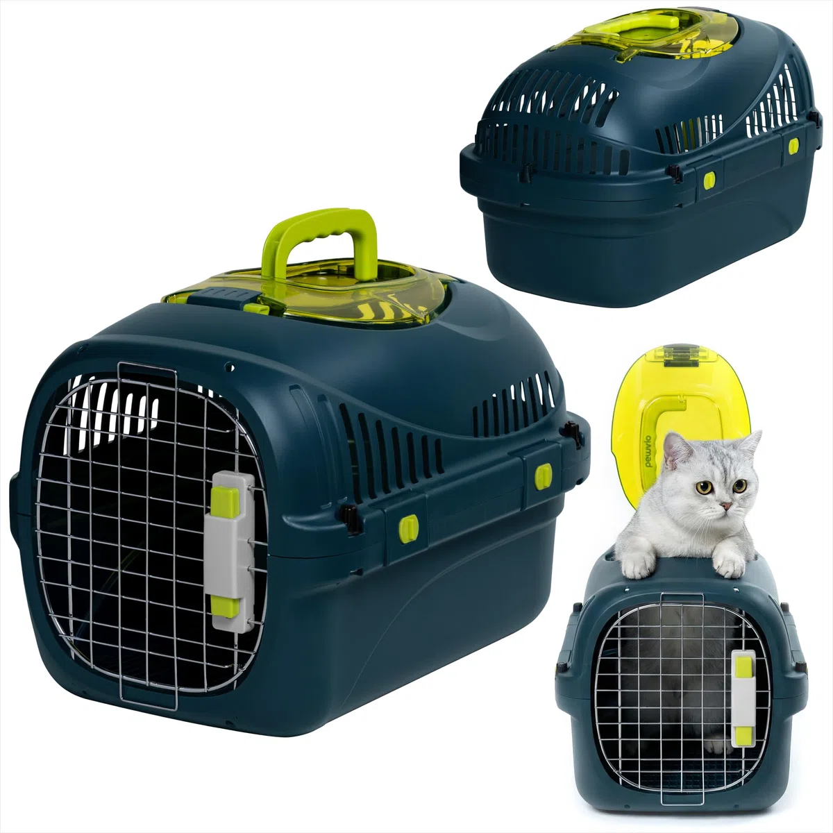 SAFY Trasportino Rigido per Gatti e Cani fino a 5 kg per Auto, Ventilato, Facile da Pulire, con Apertura Superiore per Controllo, Maniglia, Porta in Metallo con Doppia Sicura e Ciotola Inclusa
