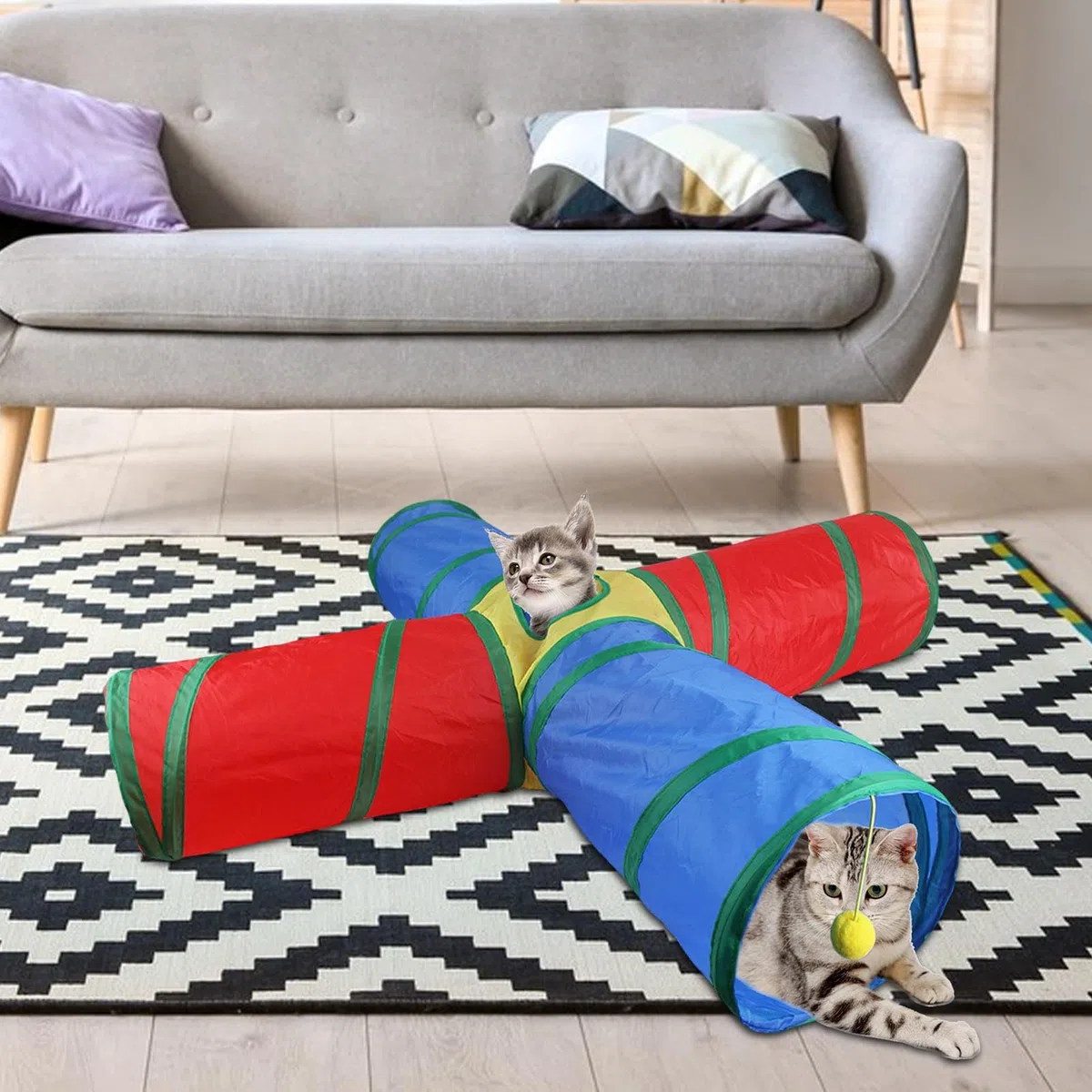 Tunnel per gatti interni, giocattolo tunnel di gatto - Tunnel gatti pieghevoli a 4 vie del gattino arcobaleno,Forniture per animali interattivi giocattolo per animali domestici con palla da gioco per