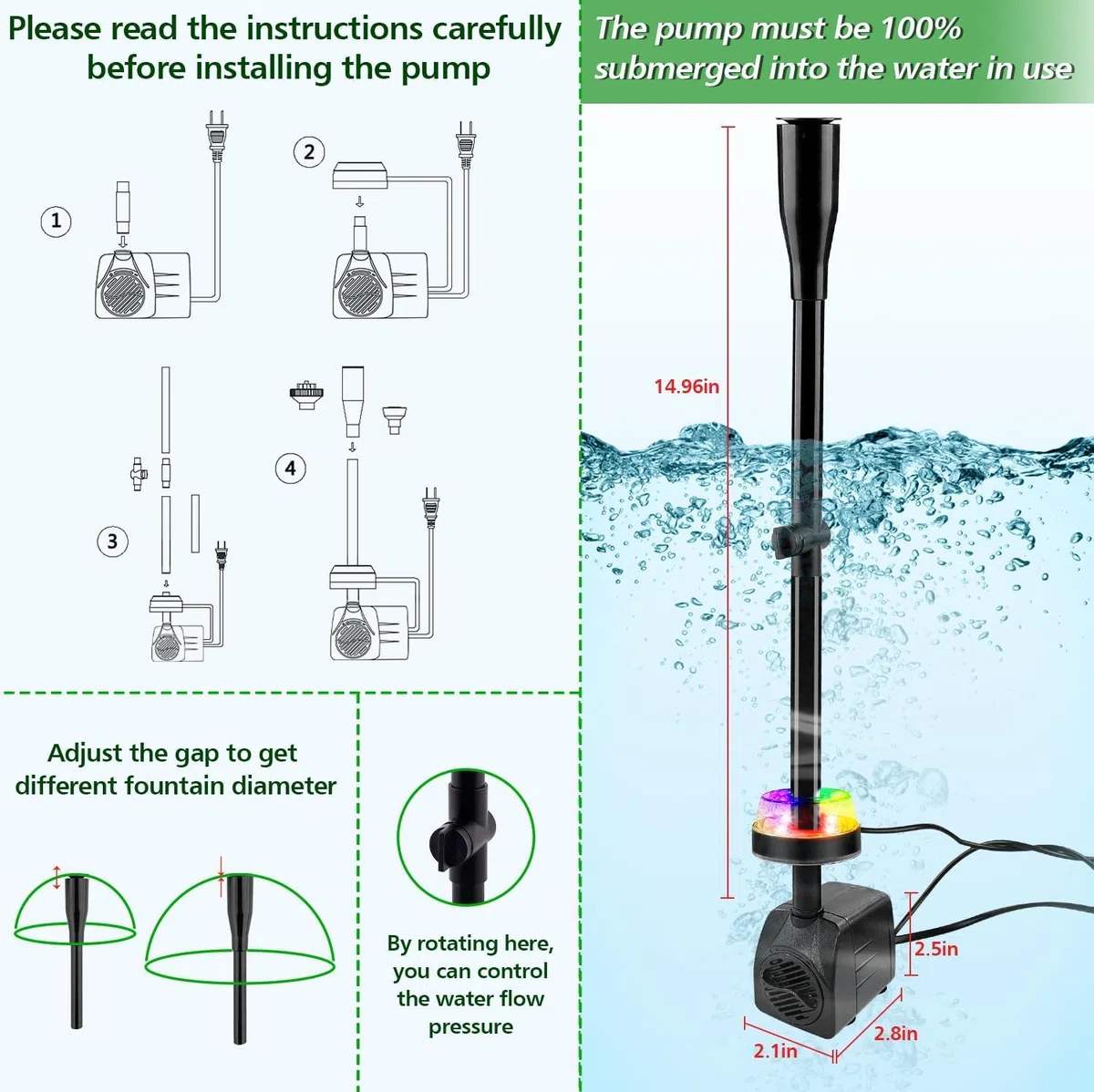 NATPOW Pompa Acquario Sommergibile con RGB LEDs, 800L/H 180-240V 15W Pompa Laghetto Ultra Silenzioso, Laghetto Pompa Acqua con 3 Ugelli per Giardino, Laghetto, Cascata