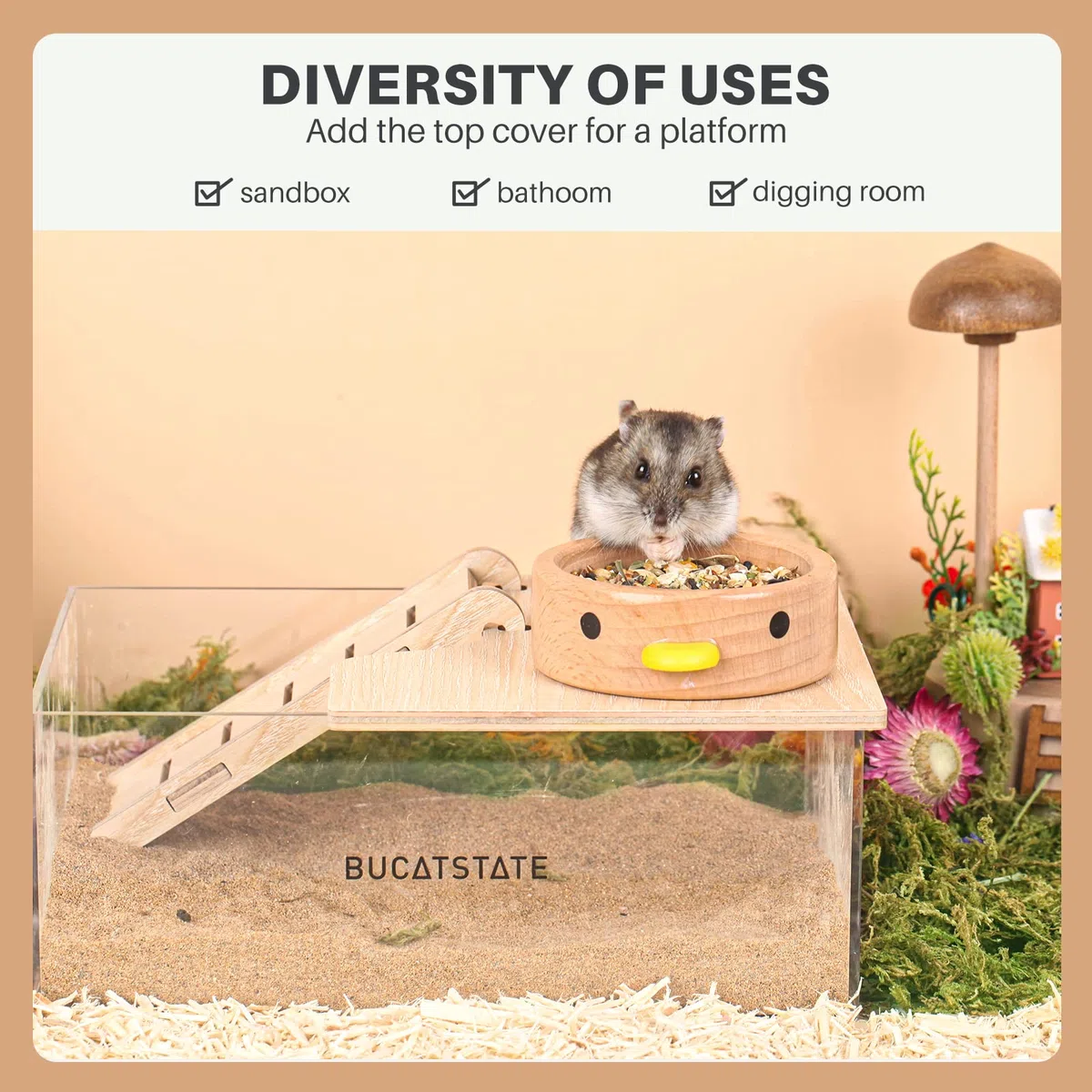 BUCATSTATE Contenitore per vasca di sabbia per criceti con scala - Doccia in acrilico e lettiera per scavi per topi Lemming Gerbilli Piccoli animali (a forma di rettangolo)