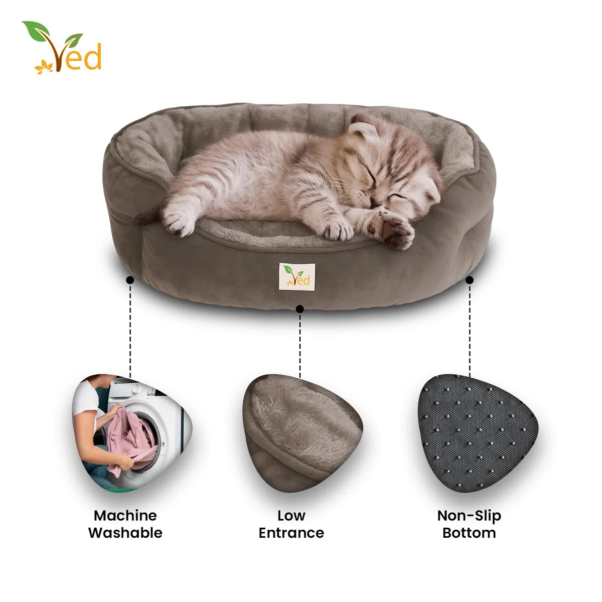 Ved Soft Cat Bed Cuccia rotonda lavabile per gatti e gattini da interno, cuscino reversibile, base antiscivolo, grigio, (51 x 48 x 15 cm (L x W x H))