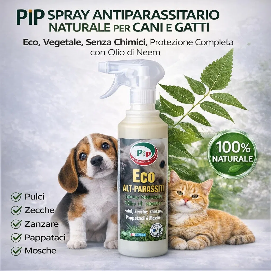 PIP Eco Alt Parassiti, Antiparassitario per Cani e Gatti Spray Olio di Neem Vegetale, Made in Italy - Repellente contro Pulci, Zecche, Pappataci, Pidocchi - Adatto a per Tappeti e in Auto